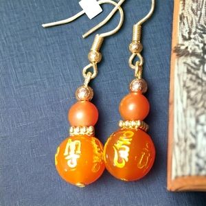 Orange & Gold Carnelian Etched Beaded Handcrafted Earrings